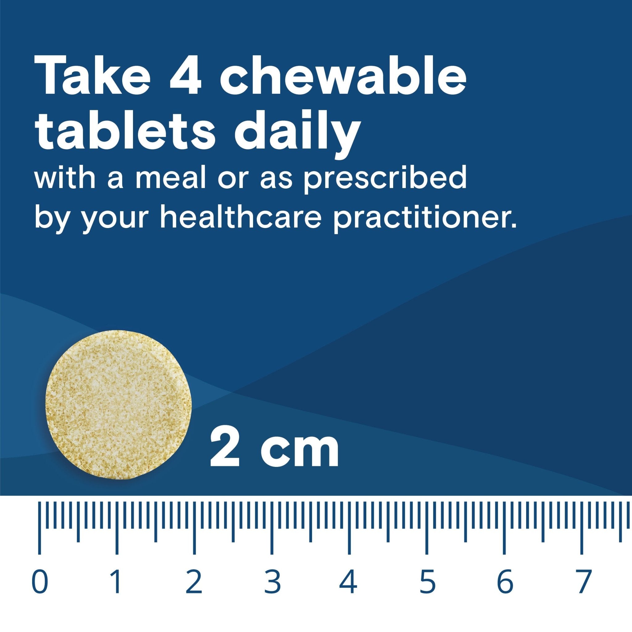 Suggested use graphic instructing to take 4 chewable tablets daily with a close-up of a 2cm chewable tablet shown against a ruler for scale