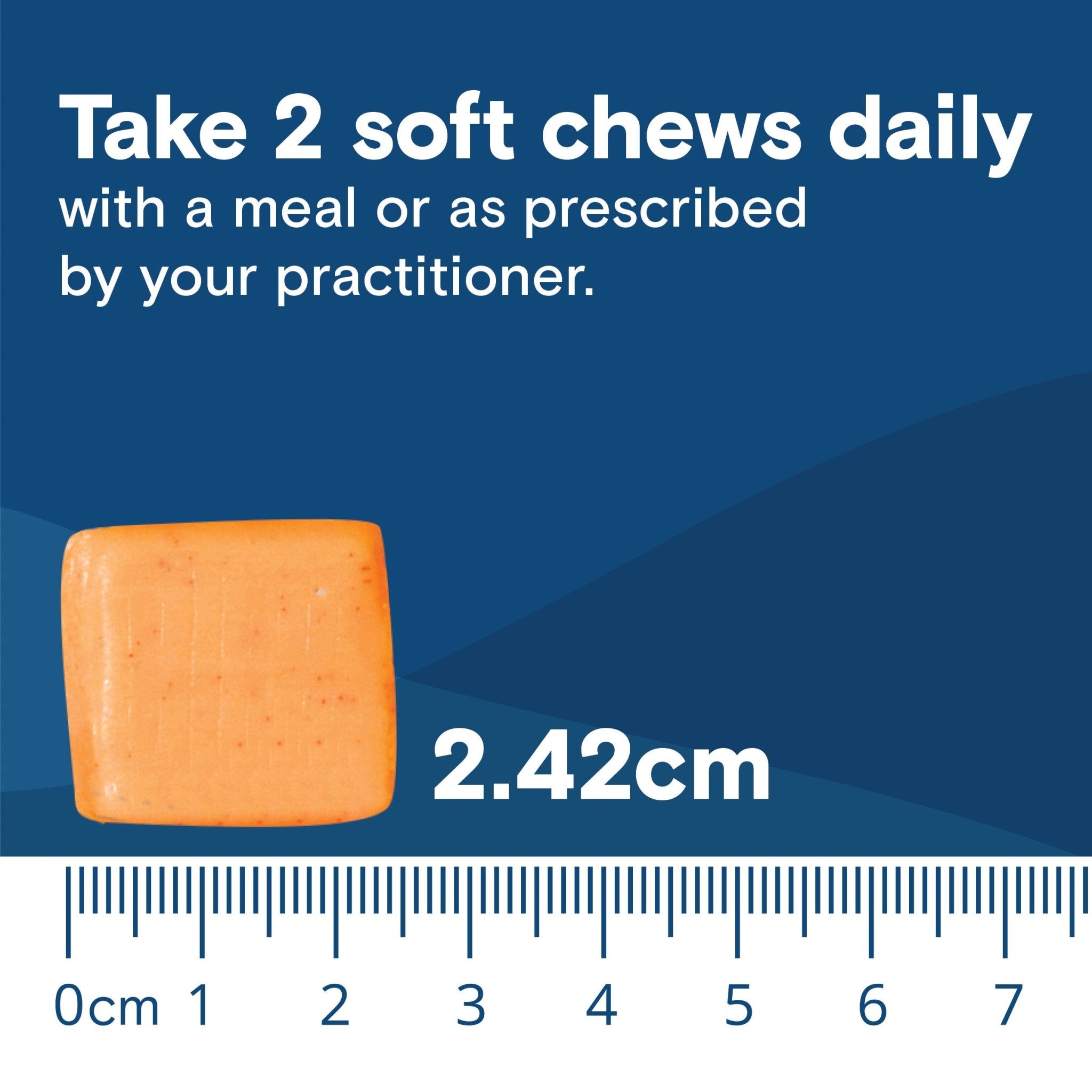 White text on blue background stating suggested use with a ruler showing the size of the Bariatric Fusion Multivitamin Soft Chew Tropical