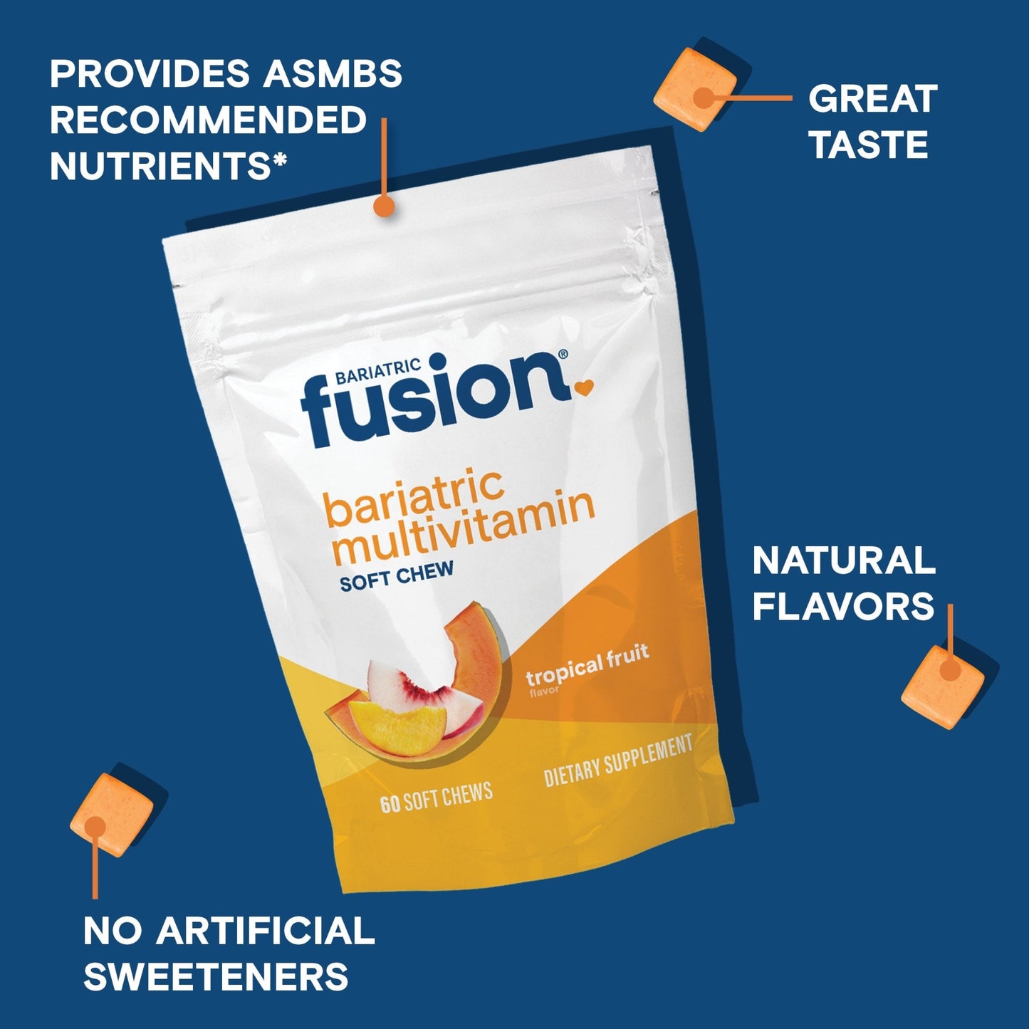 Bariatric Fusion Multivitamin Soft Chew Tropical Pouch with Blue Background and AMSBS guideline bullets