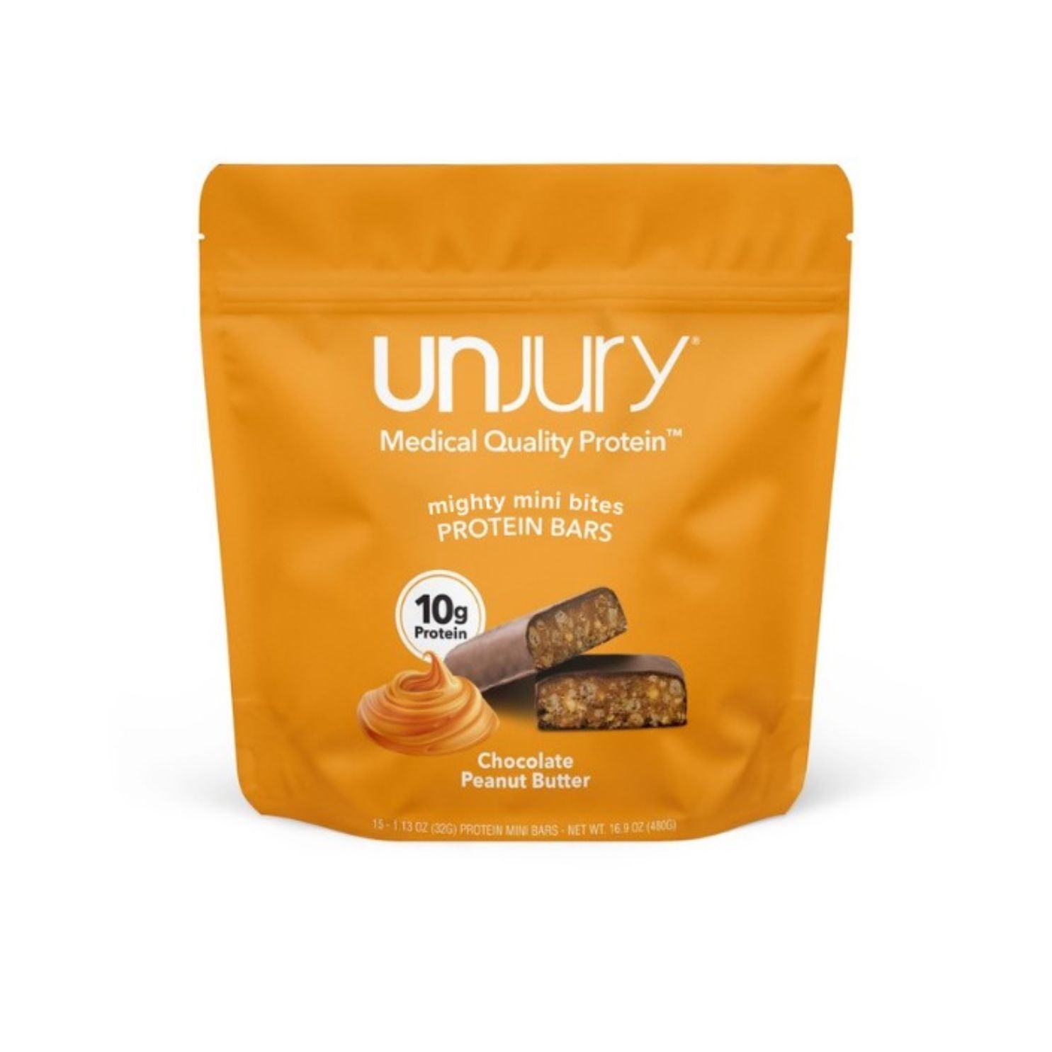 Unjury Chocolate Peanut Butter Protein Bars bag of 15 bars with 10g of protein per bar.