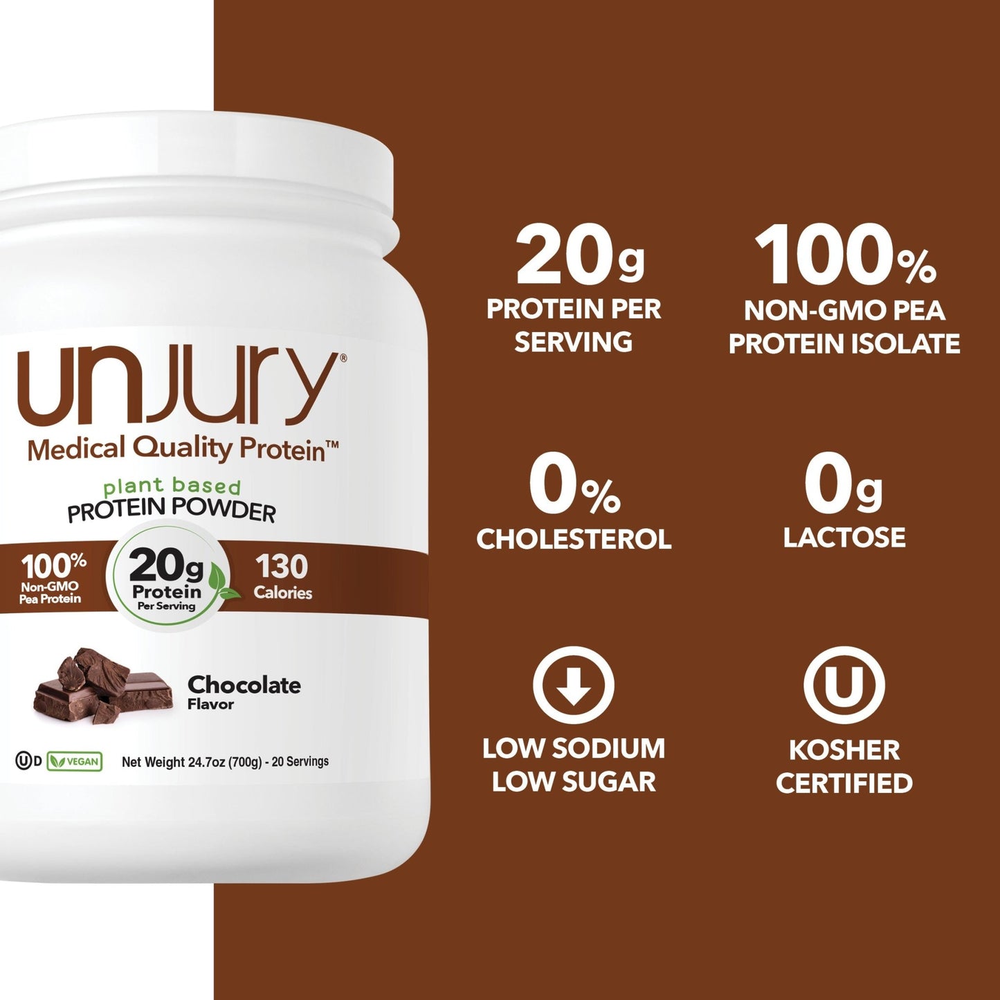 Unjury Chocolate plant-based vegan protein powder 100% non-gmo pea protein, 20g protein per serving, 0g of lactose, low sugar and low sodium.