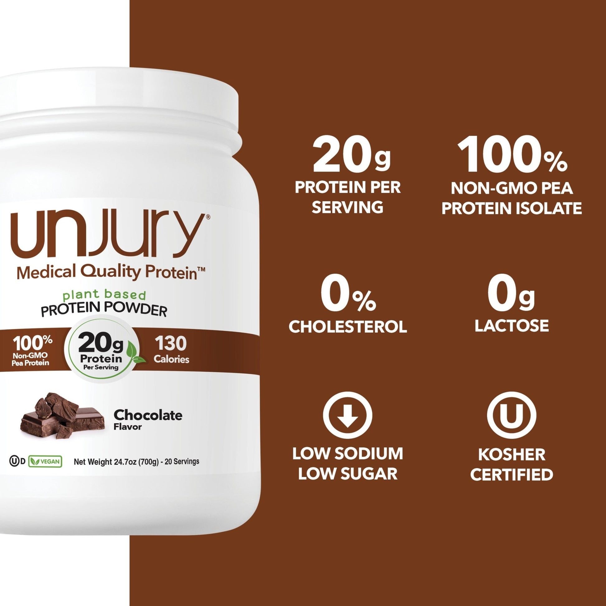 Unjury Chocolate plant-based vegan protein powder 100% non-gmo pea protein, 20g protein per serving, 0g of lactose, low sugar and low sodium.