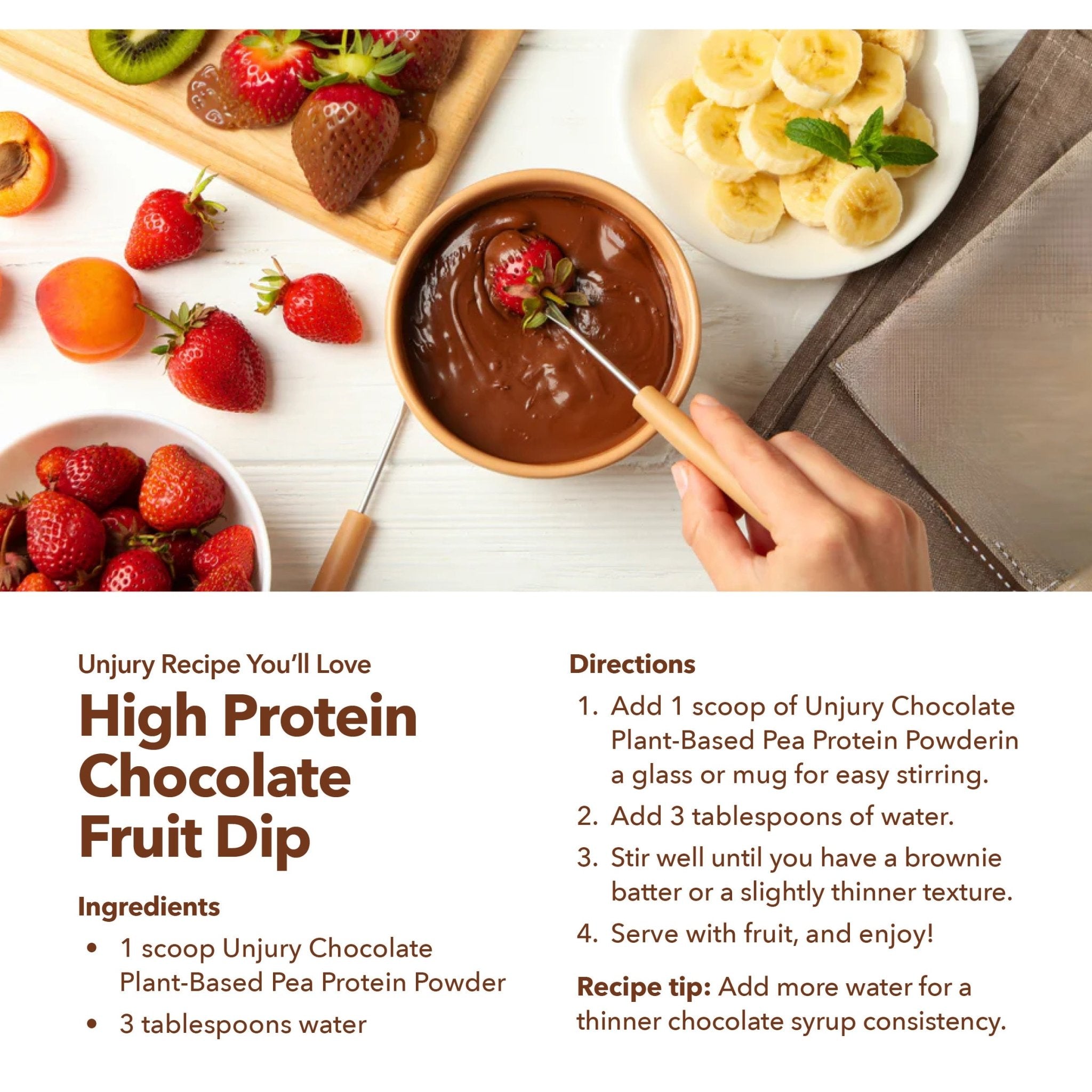 High protein chocolate fruit dip with ingredients and preparation instructions on a white background.
