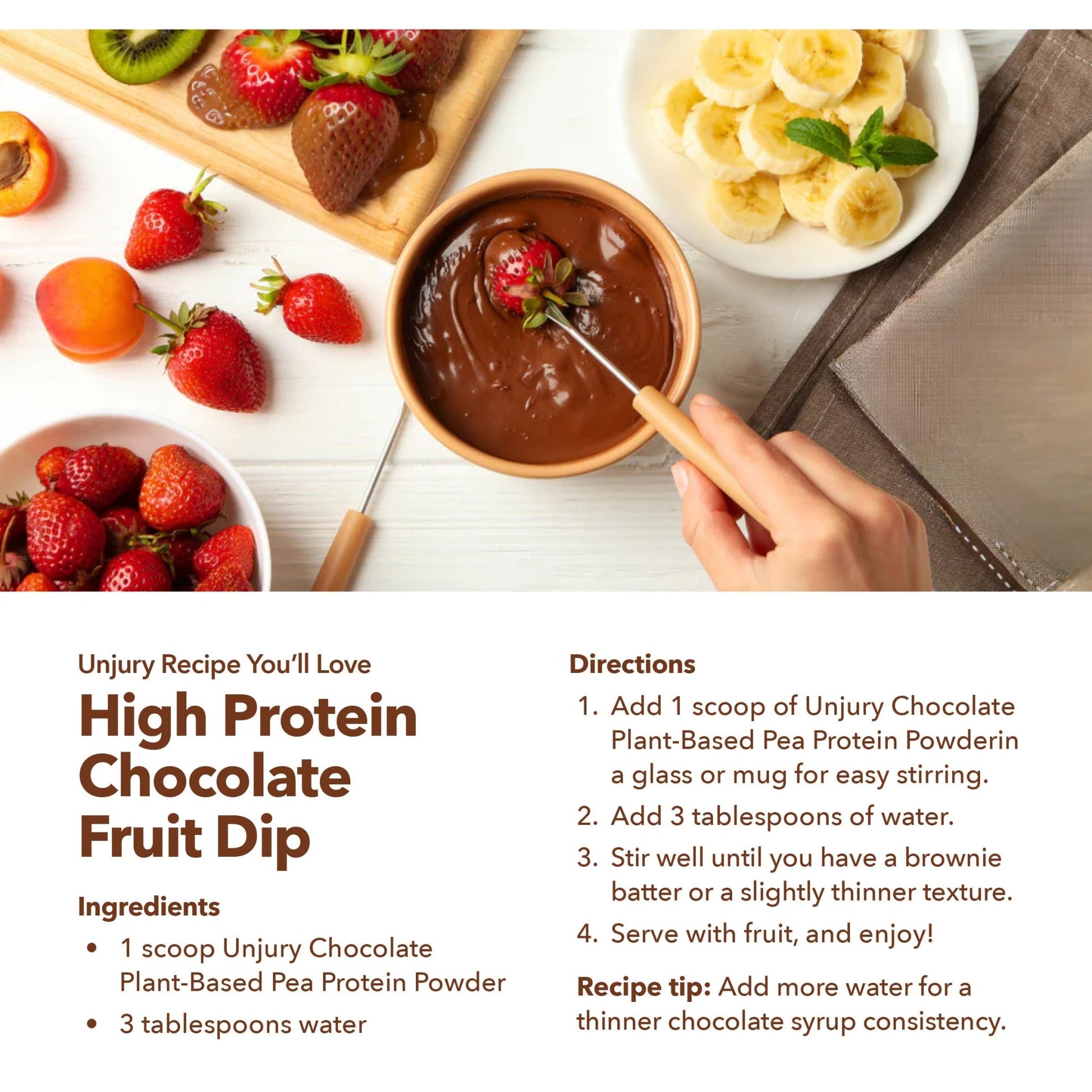High protein chocolate fruit dip with ingredients and preparation instructions on a white background.