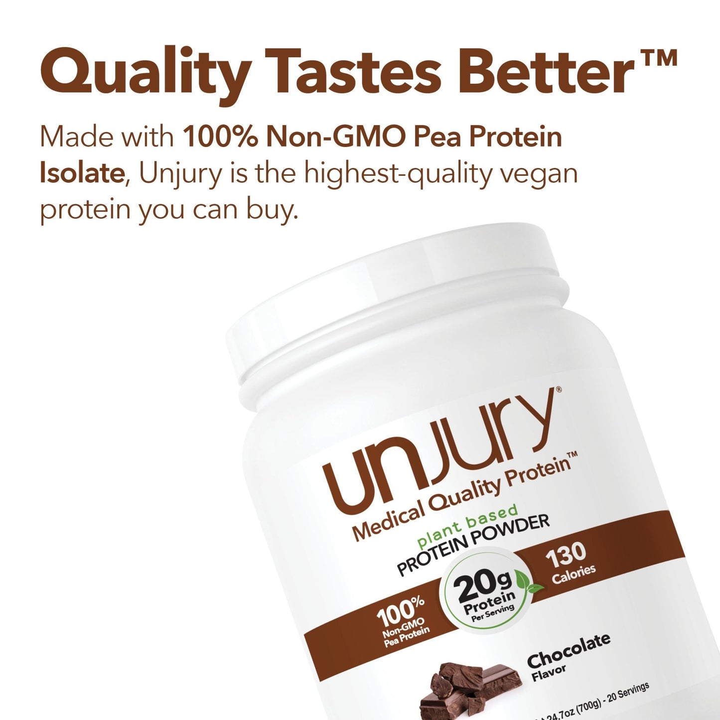 Unjury Protein: Quality Tastes Better. Made with 100% Non-GMO Pea Protein Isolate, Unjury is the highest-quality vegan protein you can buy.