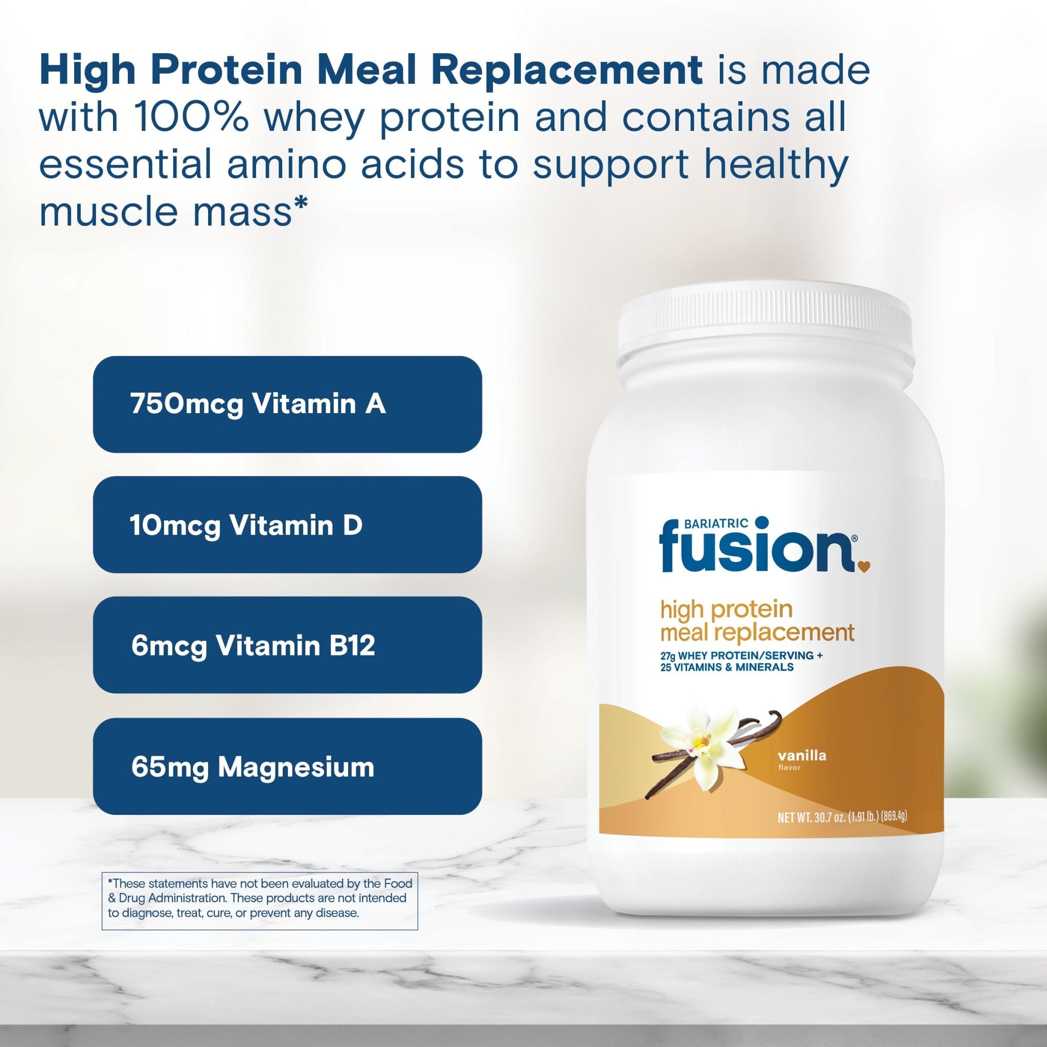 Bariatric Fusion Vanilla High Protein Meal Replacement is made with 100% whey protein and contains all essential amino acids to support healthy muscle mass*