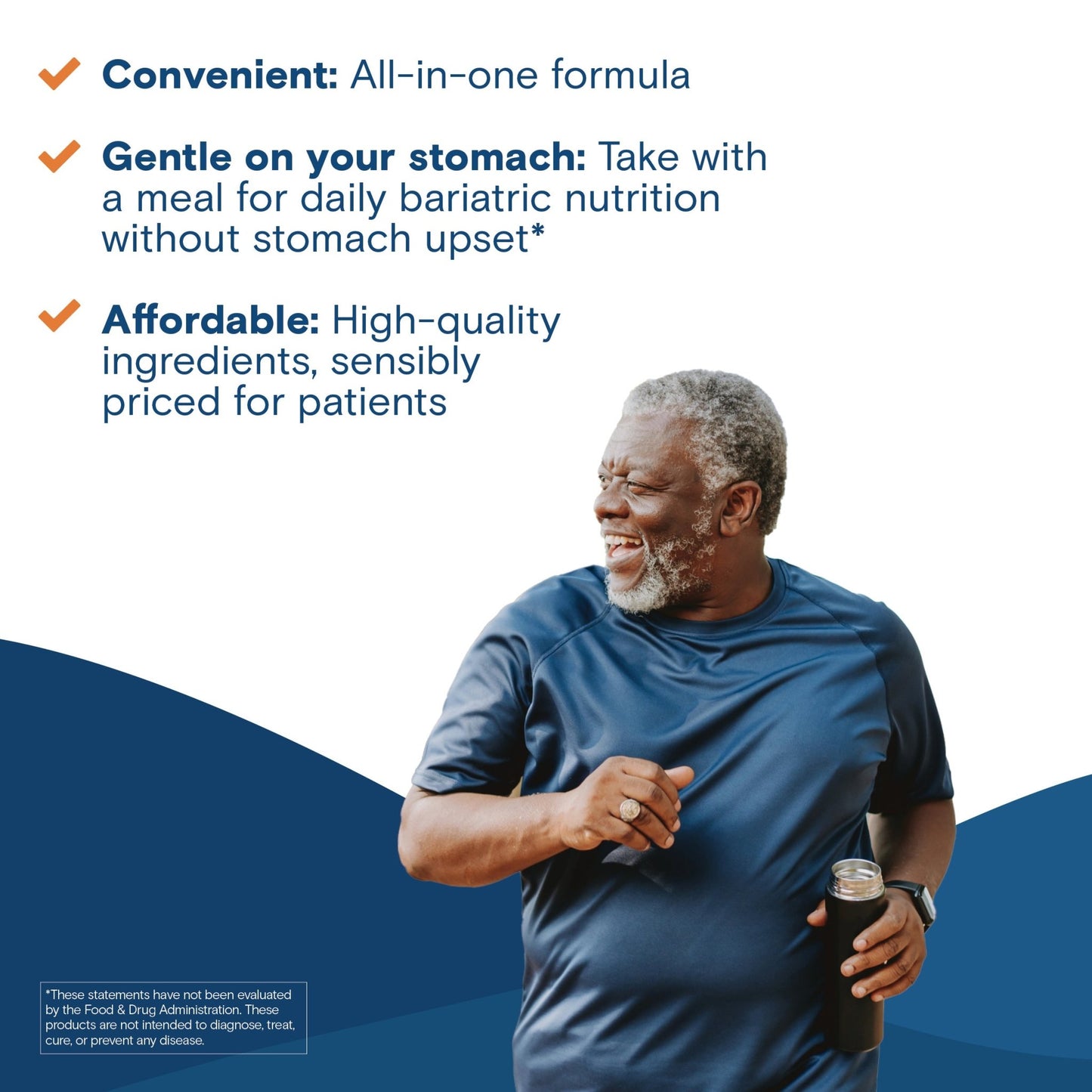 Product highlight graphic listing three benefits convenient all-in-one formula, gentle on the stomach when taken with a meal, and affordable high-quality ingredients  with a smiling man holding a water bottle