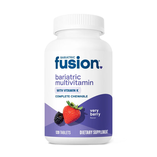 Front view of Bariatric Fusion Multivitamin with Vitamin K bottle, Very Berry flavor, 120 chewable tablets, dietary supplement
