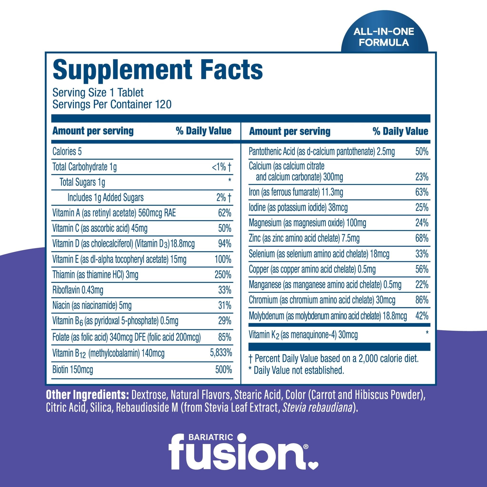Supplement Facts panel for Bariatric Fusion Chewable Multivitamin with Vitamin K