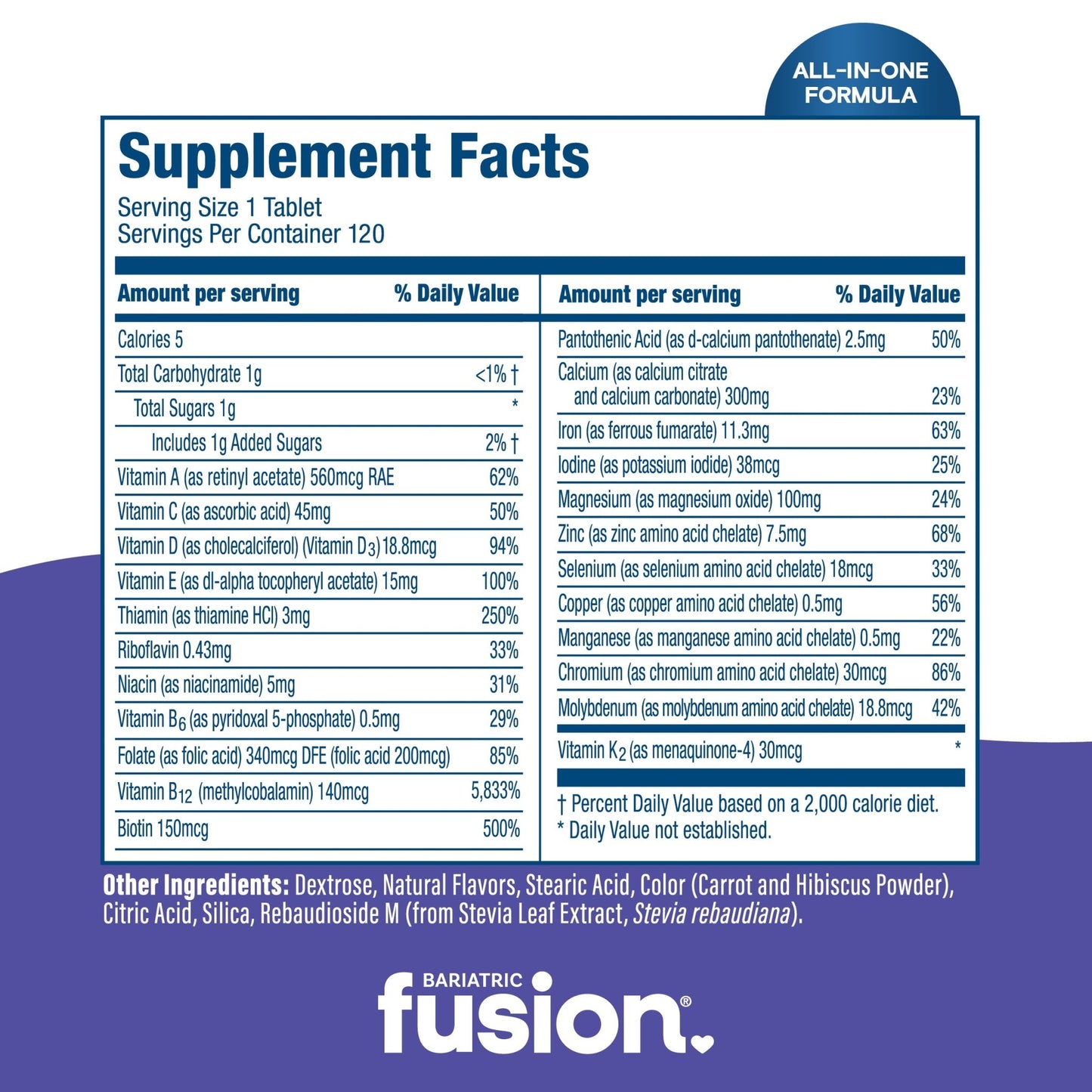 Supplement Facts panel for Bariatric Fusion Chewable Multivitamin with Vitamin K