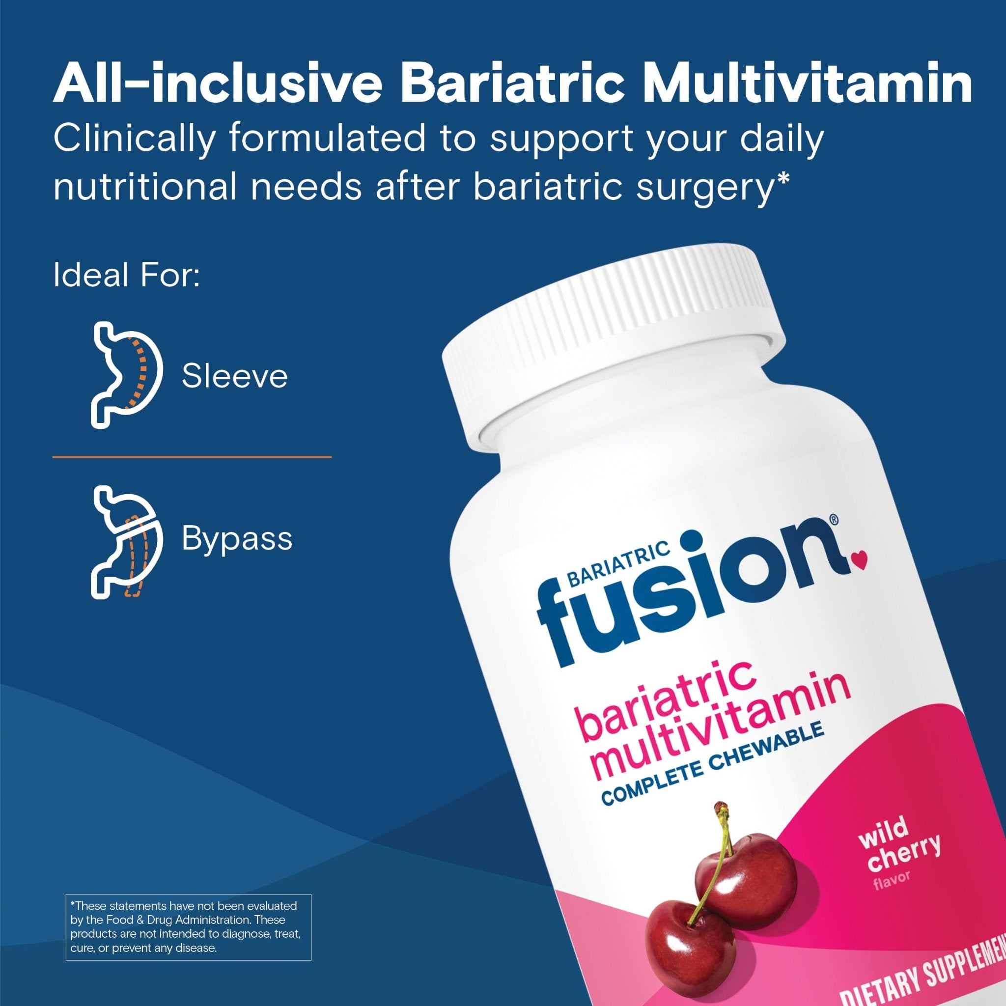 All-inclusive Bariatric Multivitamin graphic stating it's clinically formulated to support daily nutritional needs after bariatric surgery, with icons showing it's ideal for both sleeve and bypass procedures, alongside the Wild Cherry bottle.