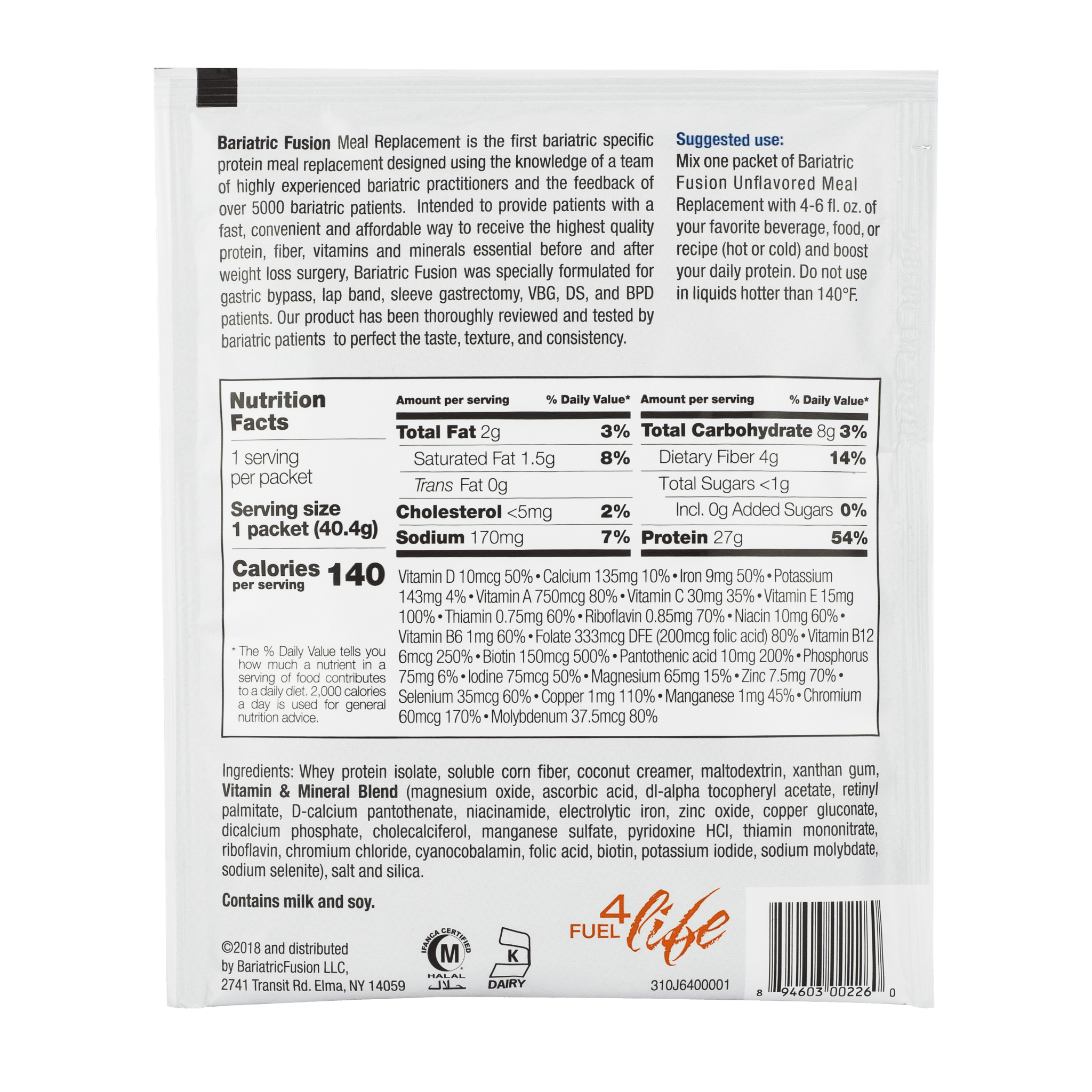 Unflavored High Protein Meal Replacement - Single Serve Packet - Bariatric Fusion